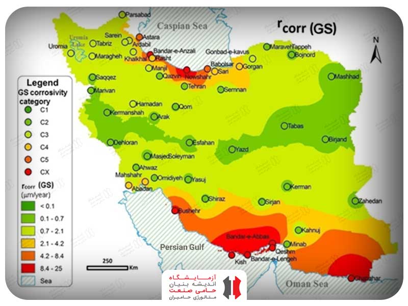 شکل4- نقشه GIS سرعت خوردگی پیش بینی شده برای فولاد گالوانیزه در ایران مطابق ایزو 9223