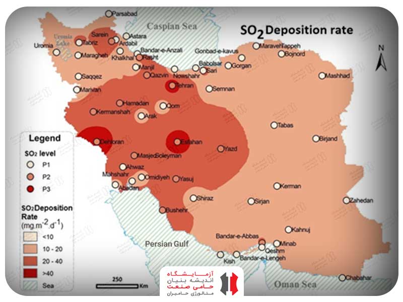 شکل2- نقشه GIS سرعت پیش بینی شده انتشار یون سولفات در ایران مطابق ایزو 9223