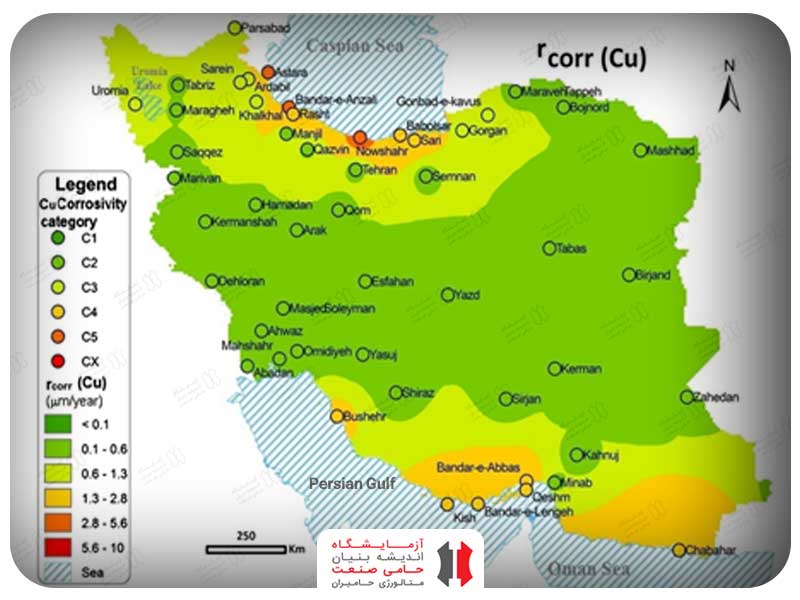 شکل5- نقشه GIS سرعت خوردگی پیش بینی شده برای مس در ایران مطابق ایزو 9223