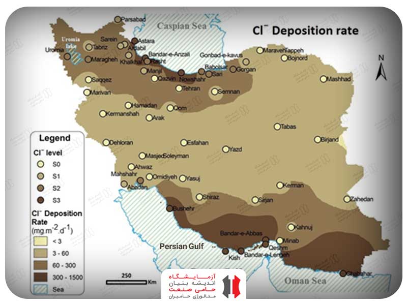 شکل1- نقشه GIS سرعت پیش بینی شده انتشار یون کلراید در ایران مطابق ایزو 9223