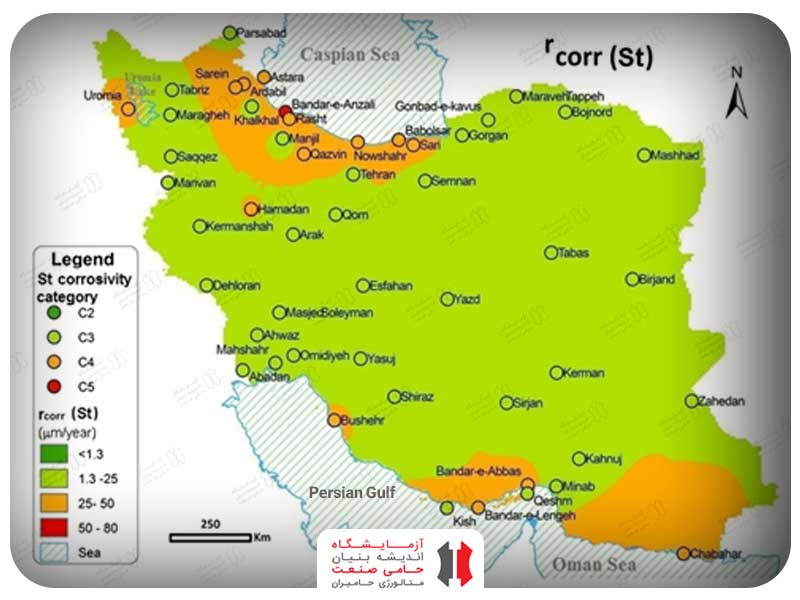 شکل3- نقشه GIS سرعت خوردگی پیش بینی شده برای کربن-استیل در ایران مطابق ایزو 9223